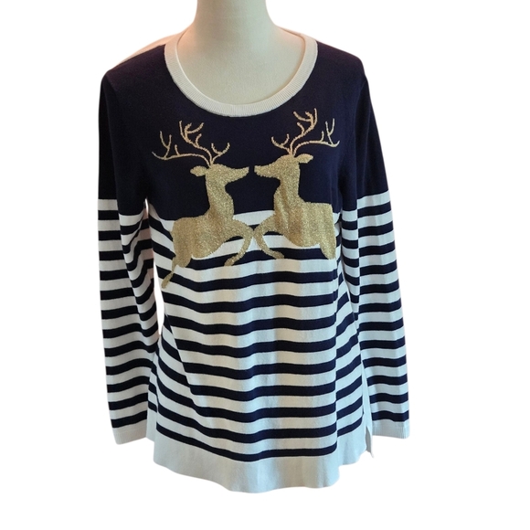 Crown & Ivy Sweater Midnight Blue Stripe Gold Reindeer Women L Holiday Sweater - Picture 2 of 10